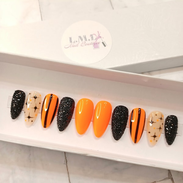 Orange and Black | Glitter | Halloween | Press on Nails