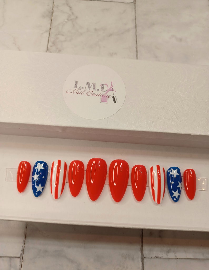 Red White and Blue 2 Medium Almond Press on Nails image 2