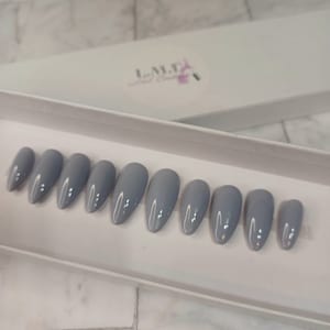 May include: A set of ten gray oval-shaped press-on nails in a white box. The nails are arranged in a row and have a glossy finish.