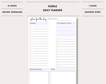 Daily Planner Printable|Simple|Minimalist|Digital Daily Planner|PurplePlannerPage|Undated Planner|Instant|Editable Planner|Daily Schedule|A4