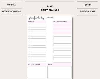 Daily Planner Printable|Simple|Minimalist|Digital Daily Planner|Pink Planner Page|Undated Planner|Instant|Editable Planner|Daily Schedule|A4