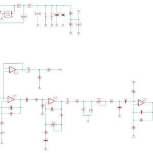 Puede incluir: Un diagrama esquemático detallado de un circuito electrónico. El diagrama muestra varios componentes, incluidos resistencias, condensadores y amplificadores operacionales, conectados en una configuración compleja.