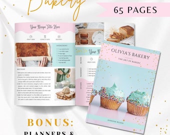 May include: A pink and blue cookbook titled "Olivia's Bakery: The Art of Bakery" by Jennifer Wilson. The cover features a photo of two cupcakes with pastel blue frosting and colorful sprinkles. The cookbook has 65 pages and includes bonus planners and recipe cards.