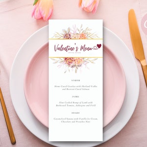 Menú Floral de San Valentín, Plantilla de Menú de Restaurante, Menú de San Valentín, Menú de San Valentín Rosa, Menú de Cena Imprimible, Tarjetas de Menú de Mesa