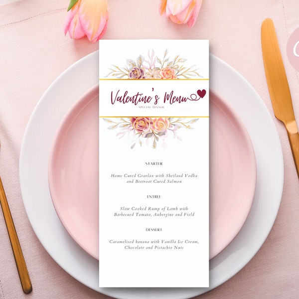 Floral Valentines Day Menu, Restaurant Menu Template, Valentine's Day Menu, Pink Valentine's Menu, Dinner Menu Printable, Table Menu Cards