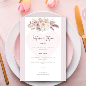 Menú de San Valentín, Plantilla de menú de restaurante, Menú de San Valentín editable, Menú de San Valentín, Menú de cena imprimible, Tarjetas de menú de mesa