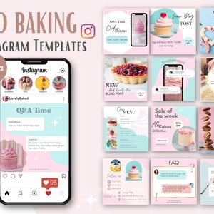 May include: 40 Instagram templates for baking businesses. The templates feature a pink and blue color scheme with images of cakes, cupcakes, and other baked goods. The text includes phrases like "Save Time Order Online", "New Blog Post", "Valentine Cake", "Testimonial", "Bakery Tips", "Sale of the Week", "Recipe", "FAQ", and "Quote of the Day".