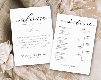 May include: A wedding welcome sign with the text "welcome family and friends" and a heart symbol. The sign also includes the names Sally & Timothy and the date June 18, 2023. A second sign lists the weekend events, including the wedding day timeline.