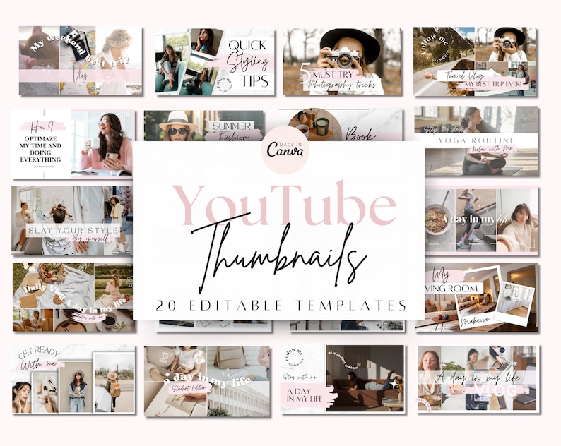 Youtube thumbnail, youtube branding kit template, Canva  youtube channel template, pink thumbnails template