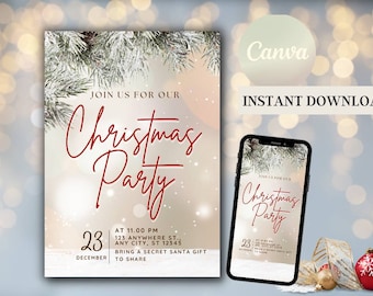 May include: A festive Christmas Party invitation with elegant red script on a light background, featuring frosted pine branches. Includes event details and the text "Instant Download". A smartphone displays the invitation.