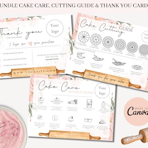 Guide de coupe de gâteau rose, lot de produits de boulangerie, carte d'entretien modifiable, modèle d'entretien de gâteau, instructions de coupe de gâteau, carte d'entretien, carte d'entretien des desserts