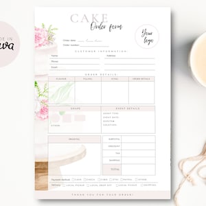 May include: A printable cake order form with a watercolour floral design. The form includes sections for customer information, order details, event details, payment method, and delivery options. The text "CAKE Order form" is at the top of the form.