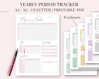 Afdrukbare periodetracker, menstruatietracker, symptoomtracker, digitale cyclusplanner, periodeplanner, periodedagboek pdf, A4, A5, Amerikaanse brief