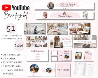 Rosa YouTube-varumärkespaket, YouTube-innehållsplanerare, Social Media Manager, YouTube-bannermall, YouTube-introduktion, rosa YouTube-miniatyrbild