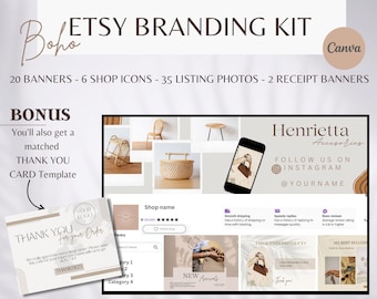 Boho Etsy Shop Kit, Etsy Shop Banner, Etsy Branding kit bundel, Etsy Fotolijst, Etsy Banner, Etsy Shop Pictogram Sjabloon, Sieraden Esty kit
