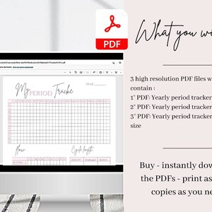 May include: A computer screen displaying a printable period tracker. The tracker is a grid with rows for each month of the year and columns for each day. The text "My PERIOD Tracke" is at the top of the tracker. The text "YEAR" is at the top right of the tracker. The text "How" is at the bottom left of the tracker. The text "Cycle Length" is at the bottom right of the tracker.