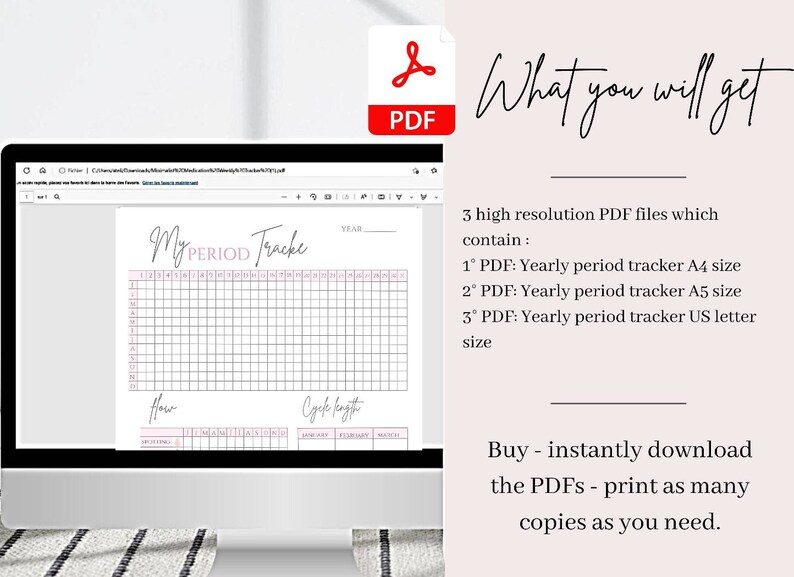 May include: A computer screen displaying a printable period tracker. The tracker is a grid with rows for each month of the year and columns for each day. The text "My PERIOD Tracke" is at the top of the tracker. The text "YEAR" is at the top right of the tracker. The text "How" is at the bottom left of the tracker. The text "Cycle Length" is at the bottom right of the tracker.