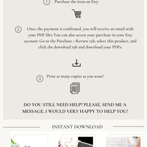 May include: A three-step guide on how to purchase and download digital products on Etsy. The steps are: purchase the item, download the PDF files, and print as many copies as you want. The image includes a shopping cart icon, a download icon, and a stack of paper icons.