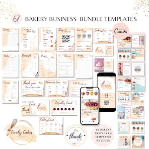 Peut inclure: Un ensemble de 67 modèles de boulangerie conçus pour être utilisés avec Canva. Les modèles comprennent une variété de designs pour les médias sociaux, les supports marketing et les documents commerciaux. Les modèles présentent une palette de couleurs rose et or avec des accents floraux.