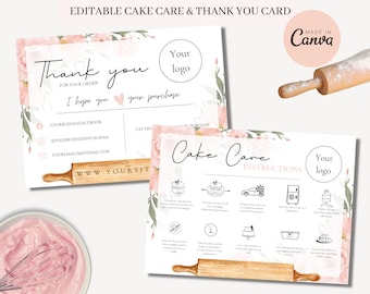 Cake Care Card, Bewerkbare Cake Care Card, Cake-instructies, Cake Care Guide Template, Bedankt invoegen, Bruidstaart Care Cards, Bakkerijkaart