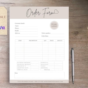 May include: An order form template with a neutral color scheme, featuring fields for customer details, order information, and item descriptions. The words "Order Form" are at the top. A tag that says "Editable in Canva" is in the upper left corner.