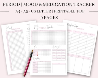 Printable Period Tracker, Mood Tracker Printable & Medication Tracker Bundle, Symptom Tracker, Period Journal pdf, A4, A5, US letter
