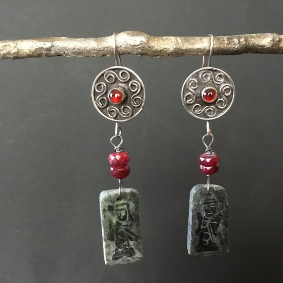 Vintage Ethnic Silver, Ruby & Carved Jade Earrings - image 1