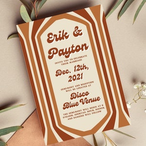 Boho Retro Wedding Invites - Aanpasbaar- Digitale Download - 70's stijl Bruine uitnodiging set en RSVP Card