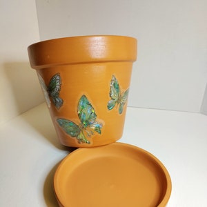 6 Inch Terracotta Pot Decorated with Blue Holographic Butterfly Stickers, Decorated Planter with Drainage Hole and Saucer