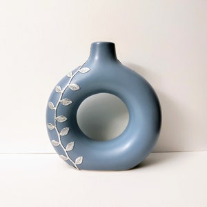 Vase, Blue Vase, Silver Leaf Ribbon Vase, Ceramic Vase, 8.5 inch Vase, Round Hollow Vase - MADE by Beanz Vicente