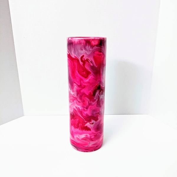 Vase, Epoxy Resin with Alcohol Ink, Fuchsia, Magenta, Burgundy, and White Glass Cylinder Vase, 8 Inch Painted Vase - MADE by Beanz Vicente