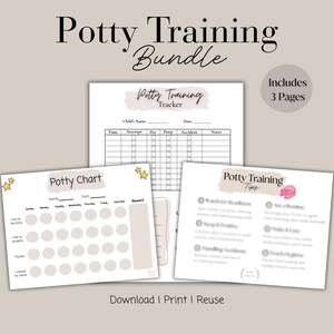 May include: A potty training bundle with three printable pages. The bundle includes a potty training tracker, a potty chart, and potty training tips. The text on the pages is in a handwritten style with a neutral color palette.