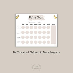 May include: A potty training chart with a neutral color scheme, featuring spaces to track progress. The chart includes sections for the name, date, and reward, with star accents. Text at the bottom reads, "For Toddlers & Children to Track Progress."