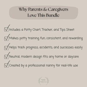 May include: A beige graphic with the text "Why Parents & Caregivers Love This Bundle." The text lists benefits of a potty training bundle, including a potty chart, tracker, and tips sheet. The design is neutral and modern.