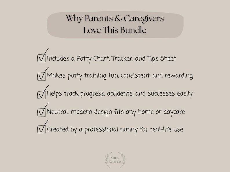 May include: A beige graphic with the text "Why Parents & Caregivers Love This Bundle." The text lists benefits of a potty training bundle, including a potty chart, tracker, and tips sheet. The design is neutral and modern.