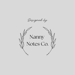 May include: A minimalist logo design on a light gray background. The text "Designed by" is above a circular wreath of leaves. Below the wreath is the text "Nanny Notes Co." in a serif font.
