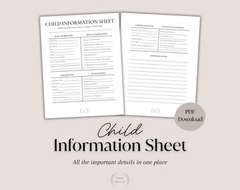 Child Information Sheet | Printable Child Form for Nannies, Babysitters & Parents | Emergency Contact, Medical Routine Details Template