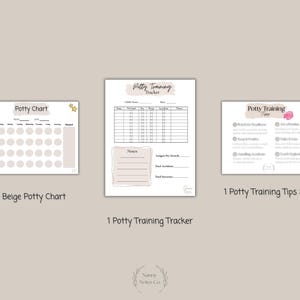 May include: Three beige-colored potty training aids: a chart with star accents, a tracker with a notes section, and a tips sheet. The chart has spaces for tracking progress. The tracker includes sections for notes and success metrics. The tips sheet offers guidance.