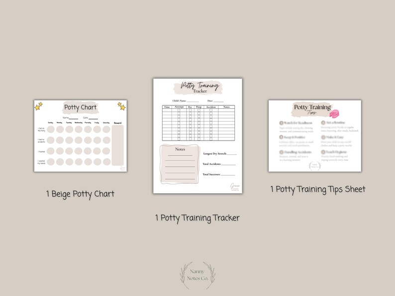 May include: Three beige-colored potty training aids: a chart with star accents, a tracker with a notes section, and a tips sheet. The chart has spaces for tracking progress. The tracker includes sections for notes and success metrics. The tips sheet offers guidance.