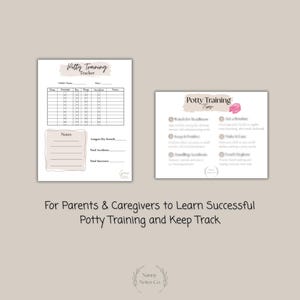 May include: Potty training tracker and tips sheet. The tracker has a chart for recording data, and the tips sheet provides guidance. Both sheets have a neutral color palette with a beige background and soft pink accents.