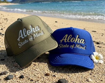 Aloha State Of Mind Trucker Hat Hawaii Beach Hat for Women Surf Cap Tropical Vacation Gift Summer Snapback Hat