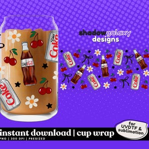 Diet Cola Cherry Floral Bow - Digital 16oz Cup Wrap Libbey Glass Can Tumbler PNG UVDTF Sublimation