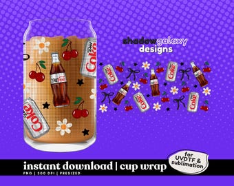 Diet Cola Cherry Floral Bow - Digital 16oz Cup Wrap Libbey Glass Can Tumbler PNG UVDTF Sublimation