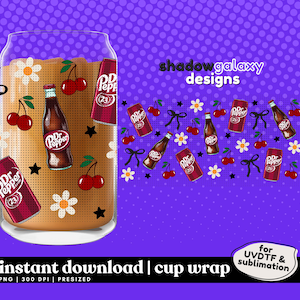 Pepper Cola Cherry Floral Bow - Digital 16oz Cup Wrap Libbey Glass Can Tumbler PNG UVDTF Sublimation