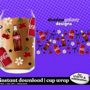 Cherry Cola Floral Bow - Digital 16oz Cup Wrap Libbey Glass Can Tumbler PNG UVDTF Sublimation