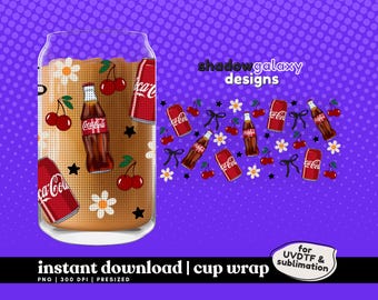 Cherry Cola Floral Bow - Digital 16oz Cup Wrap Libbey Glass Can Tumbler PNG UVDTF Sublimation