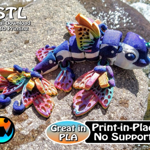 Flutterphin, Butterfly Dolphin STL Print Files, Articulating Flexi Wiggle Pet, Print in Place, Bambu 3MF