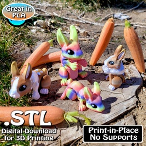 Tiny Bunny, Cinderwing3D, STL file for 3D Printing, STL Print Files, Articulating Flexi Wiggle Pet, Print in Place