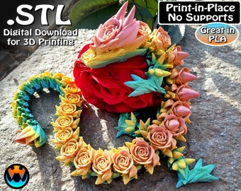 Rose Dragon, Cinderwing3D, STL file for 3D Printing, STL Print Files, Articulating Flexi Wiggle Pet, Print in Place