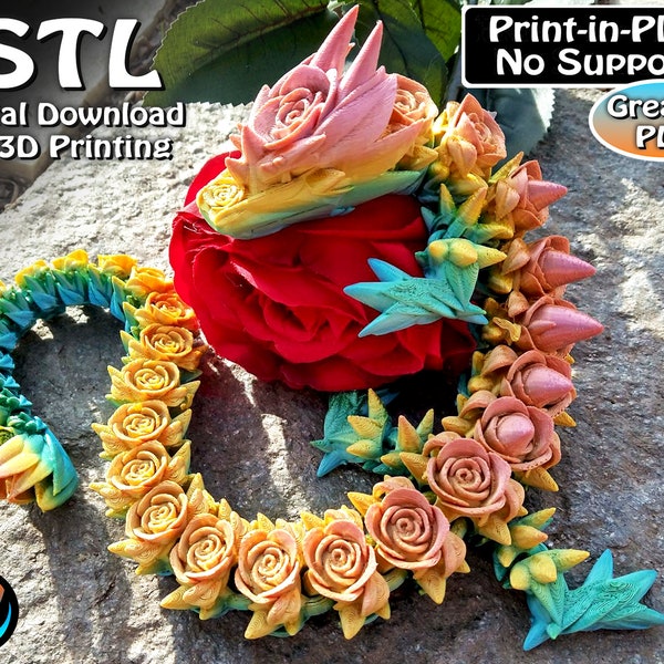 Rose Dragon, Cinderwing3D, STL file for 3D Printing, STL Print Files, Articulating Flexi Wiggle Pet, Print in Place